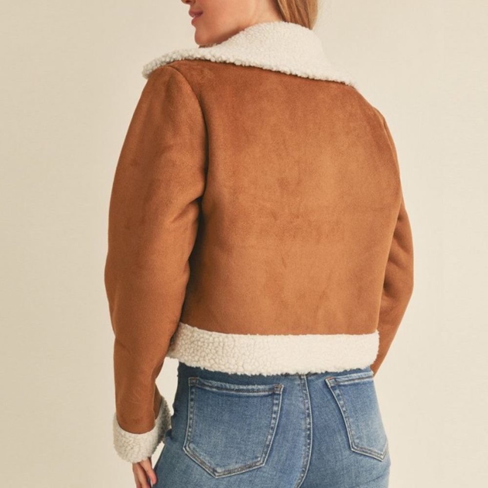 NEW FAUX SHERPA SUEDE BIKER JACKET - CAMEL - Picture 4 of 7
